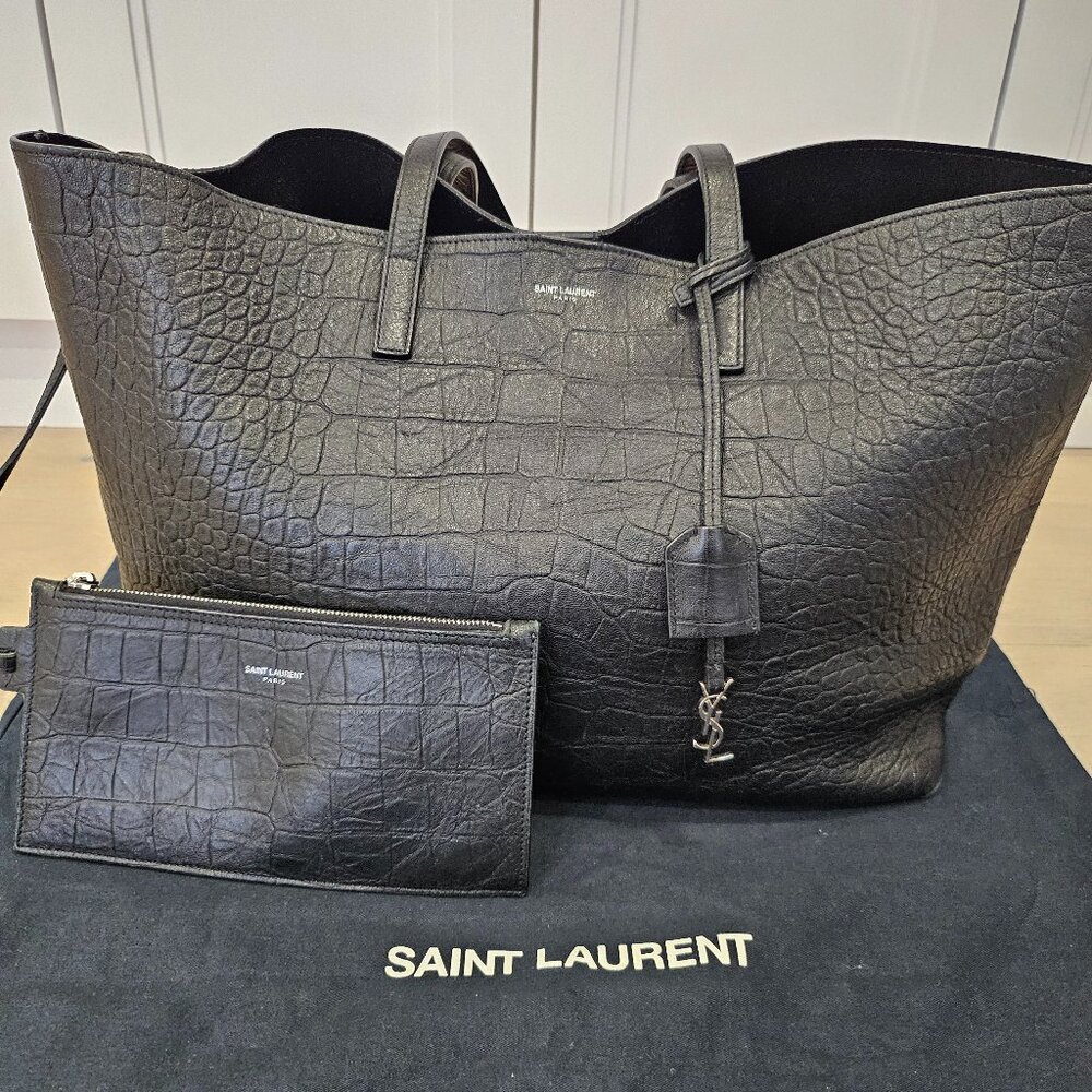 YSL Saint Laurent Shopping Tote Black Leather Embossed Croc